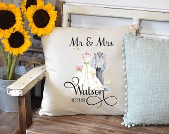 Personalised Mr & Mrs Cushion Cover Linen Pillow Just Married Wedding Gift For Bride Groom dress tuxedo