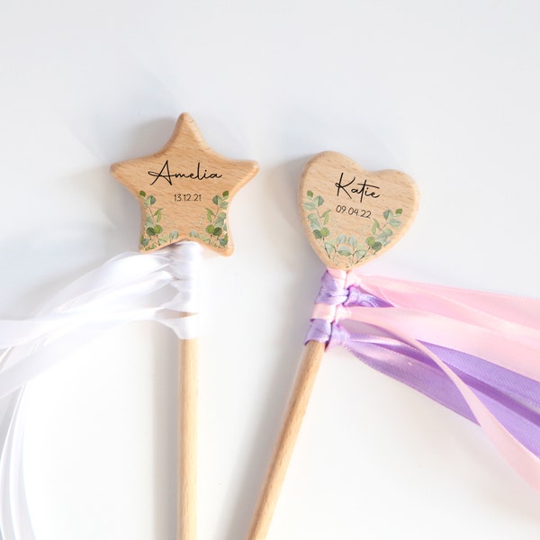 Personalised Flower Girl Wand, Wooden Star Heart Wands, Rainbow Fairy, Party Bag Filler, Dancing, Stocking Filler, Gift For Girl, Botanical