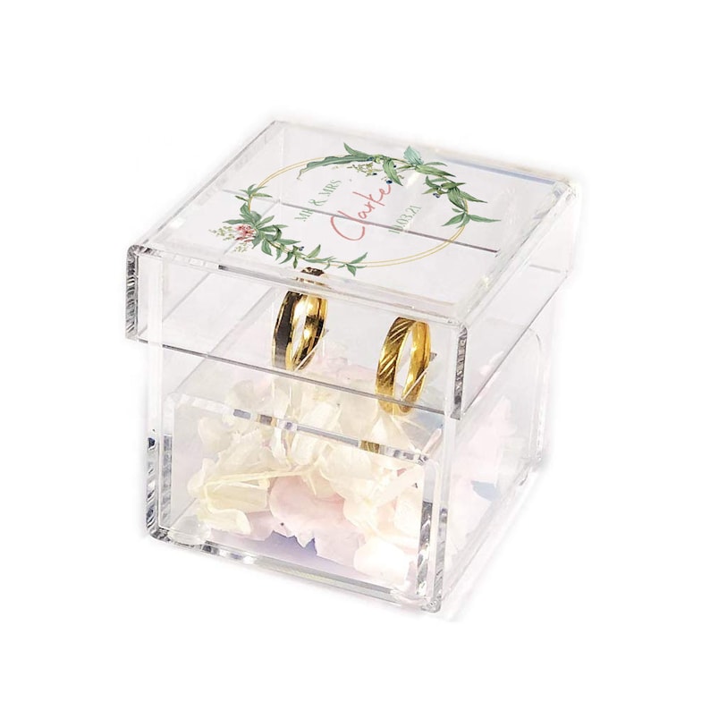 Personalised Clear Acrylic Wedding Ring Box Keepsake Ring Pillow RingBox Mr Mrs Proposal Rustic Jewellery Box Printed Bride Groom Gift