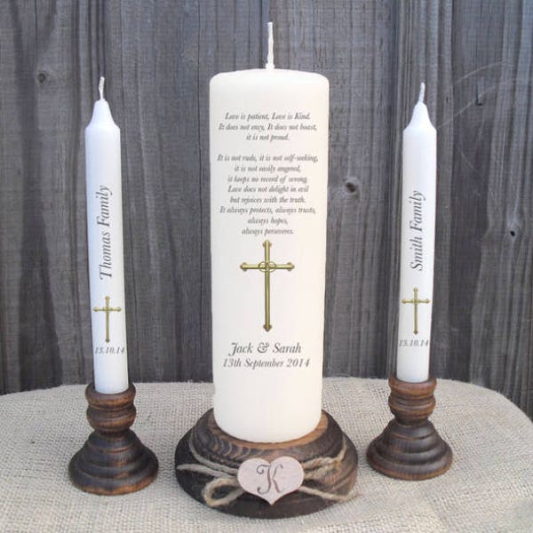 Personalised Unity Candle Set, Verse 1, Corinthians 13:4-7 Wedding Engagement Centrepiece Gift Keepsake Anniversary Religious Cross & Rings