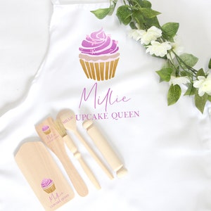 Personalised Kids Baking Set, Children&#39;s Kit, Apron, Bag, Your Name, Wooden Spoon Rolling Pin Pasty Brush, Stocking Filler, Christmas Gift