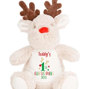 Personalised Baby's First Christmas Teddy Gift Plush 1st Xmas, Reindeer, Penguin Stocking Filler, Christmas Eve Box Filler Naughty Elf