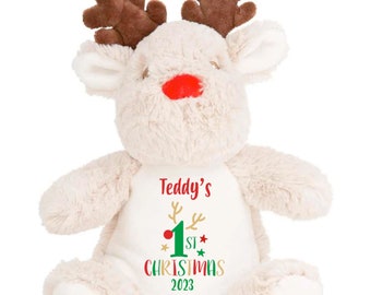 Personalised Baby's First Christmas Teddy Gift Plush 1st Xmas, Reindeer, Penguin Stocking Filler, Christmas Eve Box Filler Naughty Elf