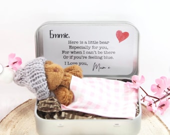 Personalised Teddy Bear, Mini Bear, Moving Gift, Travelling, Stocking Filler, Bear Tin, Always With You, Memorial, Worry Bear, Pocket Hug