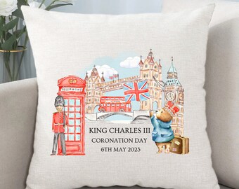 Personalised Coronation Cushion Pillow Cover, King Charles III Memorabilia, Keepsake, Garden Party, London, Commemorative Decor