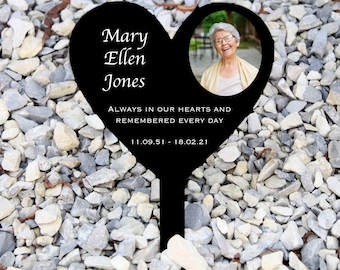 Personalised Heart Grave Stake Marker Headstone Memorial Plaque, Floral Remembrance Stone, In Memory Sign Your photo