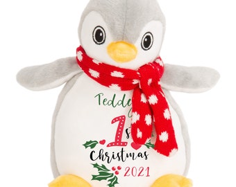 Personalised Baby's First Christmas Teddy Gift Plush 1st Xmas, Reindeer, Penguin Stocking Filler, Christmas Eve Box Filler, Naughty Elf