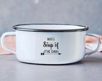 Personalised Engraved Soup Bowl, Enamel, Snack Pot Cereal, Gift For Him Her, Fathers Mothers Day, Daddy, Stocking Filler, Metal Bowl Handles