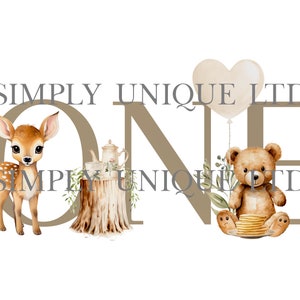 May include: A brown and tan watercolor illustration of the word "ONE" with a deer, a teapot, a tree stump, a teddy bear, and a heart-shaped balloon. The text "SIMPLY UNIQUE LTD" is above the word "ONE".