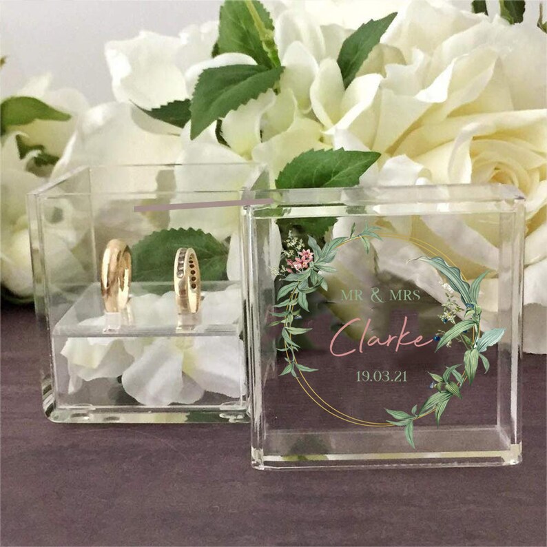 Personalised Clear Acrylic Wedding Ring Box Keepsake Ring Pillow RingBox Mr Mrs Proposal Rustic Jewellery Box Printed Bride Groom Gift