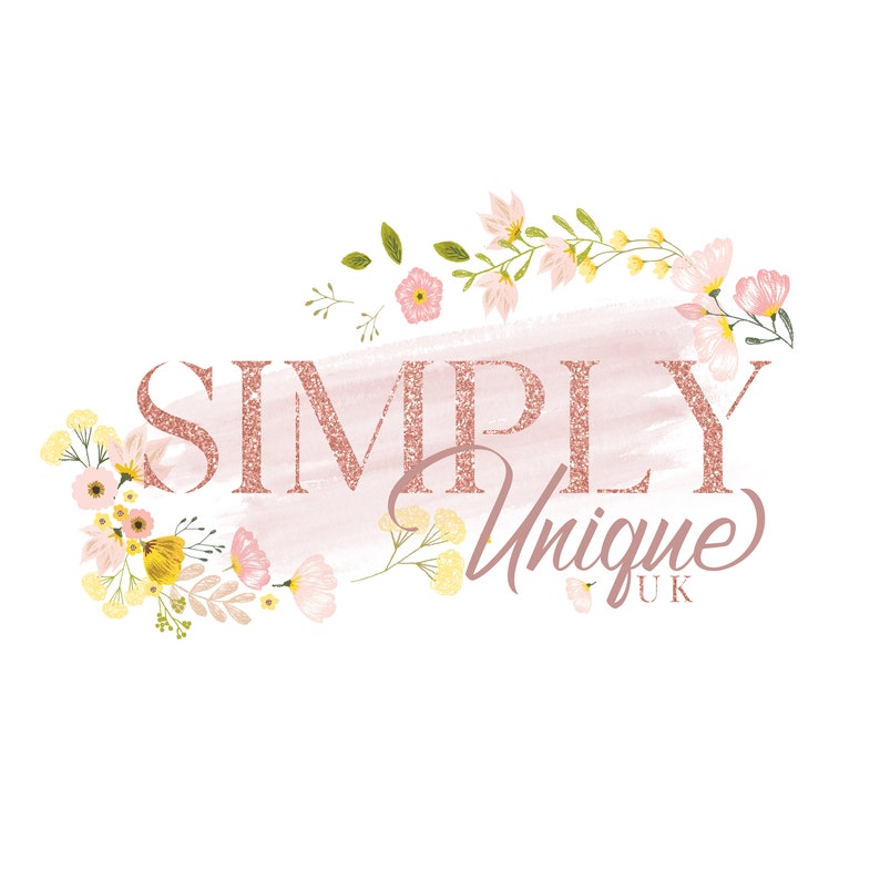 Puede incluir: Un logotipo para un negocio llamado "Simply Unique UK" con un fondo de acuarela rosa y detalles florales.
