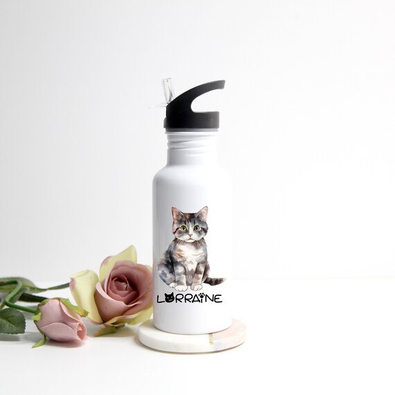 Botella De Agua De Acero Inoxidable Con Diseño De Gatito - 600 Ml, Tapa Con Pajita, Mantiene Frío/Calor, Sin BPA