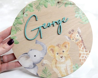 Personalisiertes Safari Namensschild, Schlafzimmer Türschild, Spielzeugkiste Schild, Kinderzimmer Wand, Initiale, Dekor, Holzbuchstabe Geschenk Junge oder Mädchen Dschungel