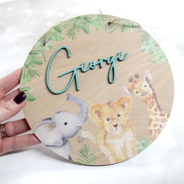 Personalised Safari Wooden Name Sign, Bedroom Door Plaque, Toy Box Sign, Nursery Wall, Initial, Decor, Wooden Letter Gift Boy or Girl Jungle