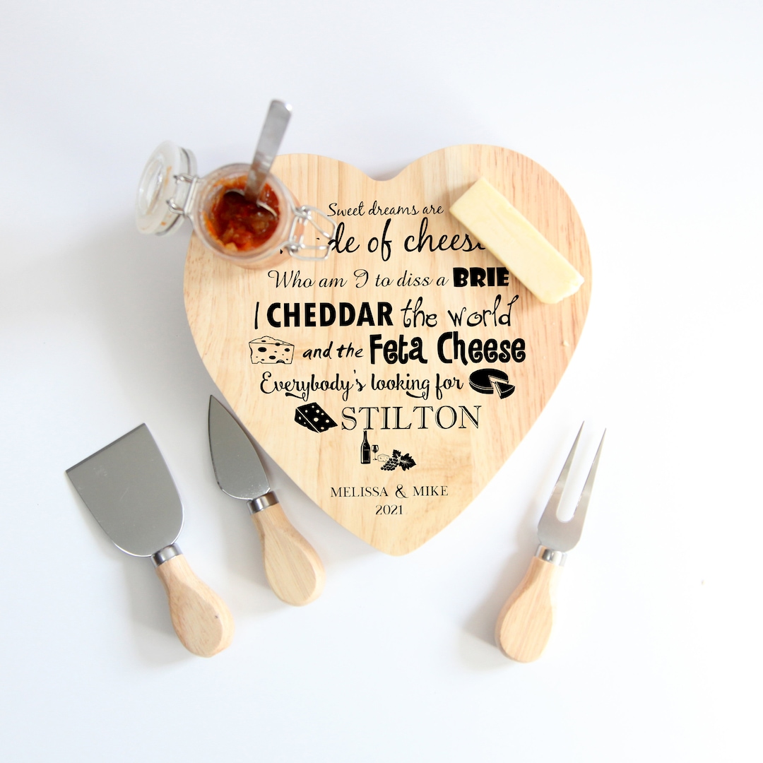 Personalised Wooden Heart Cheese Board Set, Wedding Present, Stocking