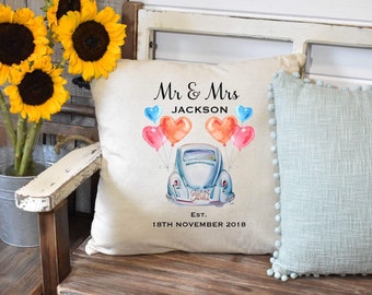 Personalised Mr & Mrs Cushion Cover Linen Pillow Just Married Wedding Gift For Bride Groom Beetle Car