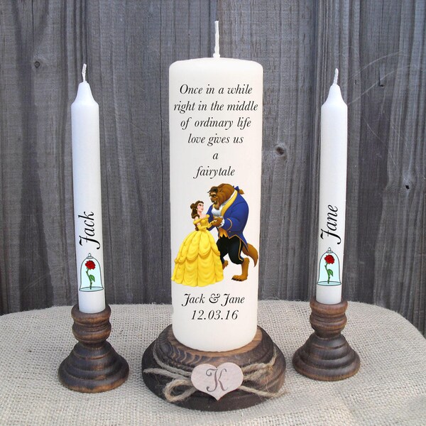 Personalised Beauty & The Beast Disney Unity Candle Set Wedding Engagement Centrepiece Gift Keepsake Anniversary Valentines Day Gift