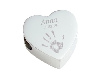 Personalised Engraved Charm Bead, Handprint  Bracelet Gift Bridesmaid Maid of Honour Gift Heart Footprint New Baby Inkless