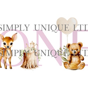 May include: Pink and white watercolor illustration of the word "ONE" with a deer, a teapot, a tree stump, a teddy bear, and a heart-shaped balloon. The text "SIMPLY UNIQUE LTD" is written above the word "ONE".
