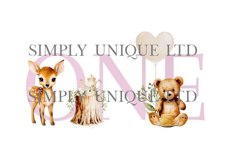 May include: Pink and white watercolor illustration of the word "ONE" with a deer, a teapot, a tree stump, a teddy bear, and a heart-shaped balloon. The text "SIMPLY UNIQUE LTD" is written above the word "ONE".