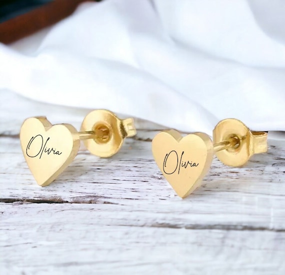 Personalised Engraved Heart Stud Earrings Silver Gold Rose Gold Your Handwriting Name Text Actual Writing Gift Memorial Keepsake