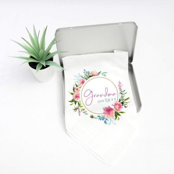 Personalised Handkerchief Gift Mum, Grandma, Granny, Wedding Present Keepsake Bridesmaid, Maid of Honour Gift Bag Box, Stocking Filler