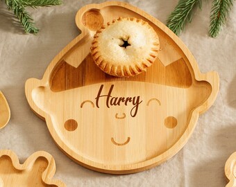 Personalised Engraved Kids Wooden Elf Plate, Bamboo, Childrens First Christmas Gift, Stocking Filler, Eve Box, Santa Board Tray, Dinner 1st