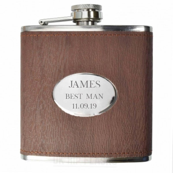 Personalised Engraved Hip flask Groomsman Best Man Gift, Wedding Party, Hipflask, Gin, Proposal, Usher, Father of Bride Gift Leather Present