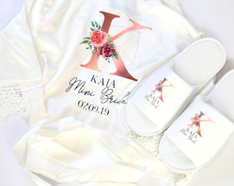 Personalised Lace Bridal Party Wedding Satin Silk Robe & Slippers Set Rose Gold Name Dressing Gown Kimonos Bridesmaid Gifts, Maid of Honour