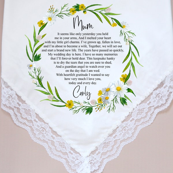 Personalised Lace Mother Of The Bride Handkerchief Gift Wedding Present Keepsake Bridesmaid, Maid of Honour Gift Bag Box Sunflower Daisy