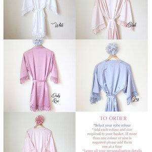 May include: Five satin robes with lace trim in different colours: white, blush, dusty rose, grey, and light pink. The robes are hanging on hangers with a decorative flower on top. The text "TO ORDER" is at the bottom of the image with instructions for ordering.