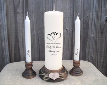 Personalised Two Hearts Become One Love Unity Candle Set Wedding Engagement Centrepiece Gift Keepsake Anniversary Valentines Day