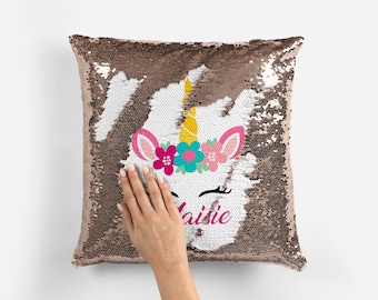 Personalised Unicorn Your Name, Text or Photo Sequin Pillow Cushion Cover Mermaid Reveal Magic Gift Mother Of The Bride Groom Gift