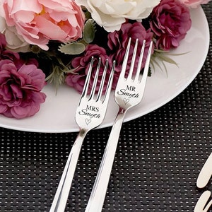 Personalised Mr & Mrs Engraved Forks, Pair, Wedding Cake Server, Cake Slice, Custom, Anniversary, Bridesmaid Present, Newlywed, Couples Gift