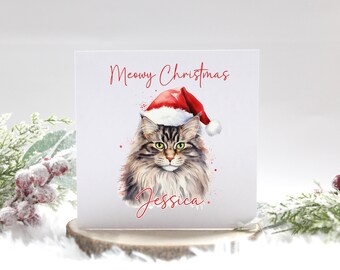 Cartolina di Natale personalizzata, Buon Natale, Miao, Amante dei gatti, Cappello da Babbo Natale, Divertente, Per la famiglia, Bambini, Coppia, Amico, Per lei, Lui, Albero dei gatti