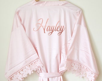 Personalised Lace Bridal Party Wedding Satin Silk Robe Rose Gold Glitter Name Dressing Gown Kimonos Bridesmaid Gifts, Maid of Honour, Floral