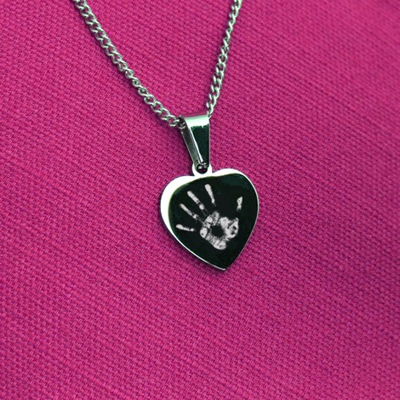 Personalised Engraved Heart Necklace, Handprint Footprint Pendant - Main Image