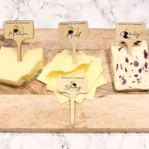 Personalised Wooden Cheese Markers Gift Set, Cheese Board Wedding Present, Stocking Filler For Her Him,Mum Dad, Secret Santa, Cheese Lover