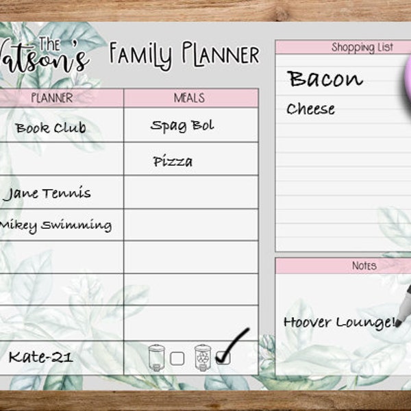 Personalised Family Wall Planner Wipe Clean White Board dry Wipe Organiser Weekly Meal Planner Weight Loss Shopping List Foliage