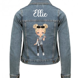 Personalised Denim Jacket, Coat, Your Name, Character, Christmas Gift, Stocking Filler, Jean Jacket, Custom, Floral, Kids, Adults, Doll