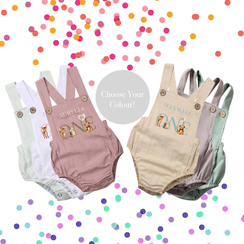 May include: Four baby onesies in different colors, each with a personalized name, the number "one", and a cute animal graphic. The onesies are in white, pink, beige, and green.