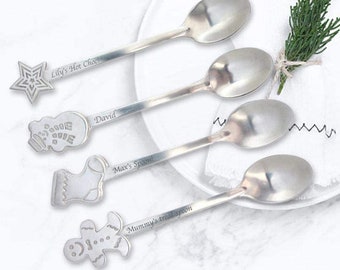 Personalised Engraved Christmas Spoon, Hot Chocolate Spoon, Teaspoon, Stocking Filler, Secret Santa Gift, Snowman, Star, Tree, Decoration