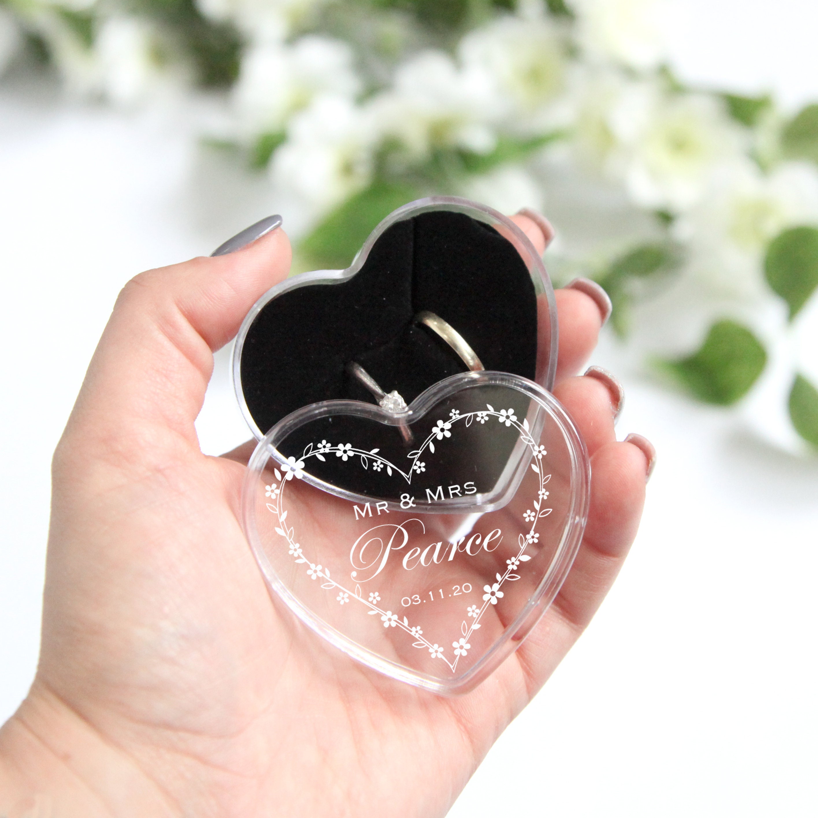 Personalised Clear Acrylic Wedding Ring Box Heart Keepsake Ring