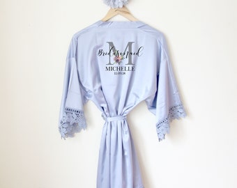 Personalised Lace Bridal Party Wedding Satin Silk Robe Dressing Gown Kimonos Bridesmaid Gifts, Maid of Honour, Hen Party Floral Printed
