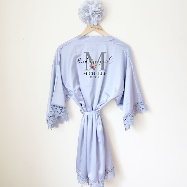 Personalised Children's Lace Bridal Party Wedding Satin Silk Robe Dressing Gown Kimonos Bridesmaid Gifts, Maid of Honour, Hen Party Floral