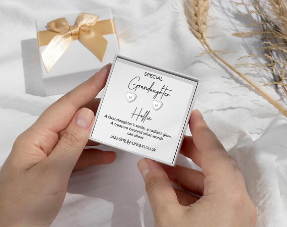 Personalised Fine Sterling Silver 925 stud earrings, Box  Personalised Backing Card, Special Grandaughter, Daughter, Sister Friend Etc
