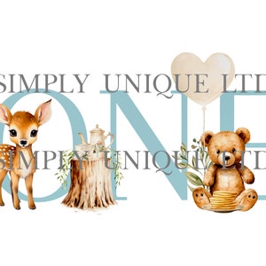May include: A blue and white graphic design with the word "ONE" in large letters. The letters are decorated with a deer, a teapot, a tree stump, a teddy bear, and a heart-shaped balloon. The text "SIMPLY UNIQUE LTD" appears above and below the word "ONE".