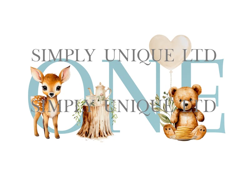 May include: A blue and white graphic design with the word "ONE" in large letters. The letters are decorated with a deer, a teapot, a tree stump, a teddy bear, and a heart-shaped balloon. The text "SIMPLY UNIQUE LTD" appears above and below the word "ONE".