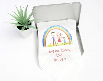 Personalised Child's Drawing Handkerchief Gift Mum, Grandma, Granny, Dad Grandad Keepsake Bridesmaid, Maid of Honour Gift, Stocking Filler