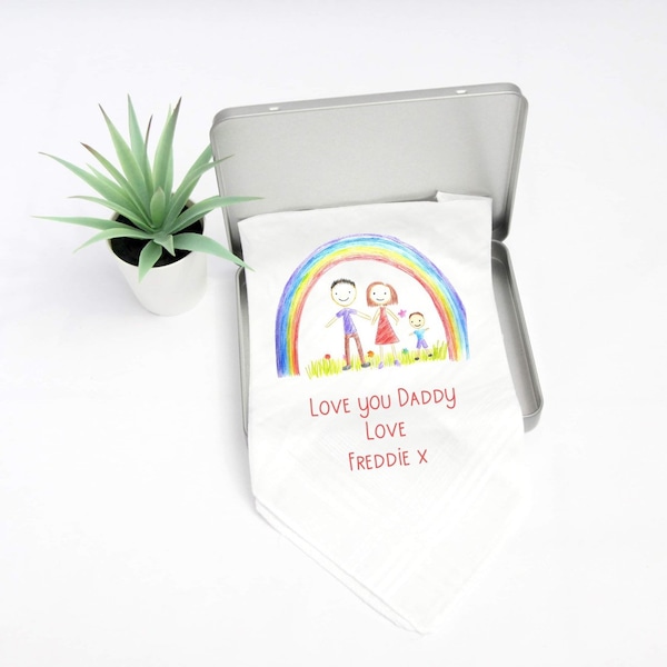 Personalised Child's Drawing Handkerchief Gift Mum, Grandma, Granny, Dad Grandad Keepsake Bridesmaid, Maid of Honour Gift, Stocking Filler